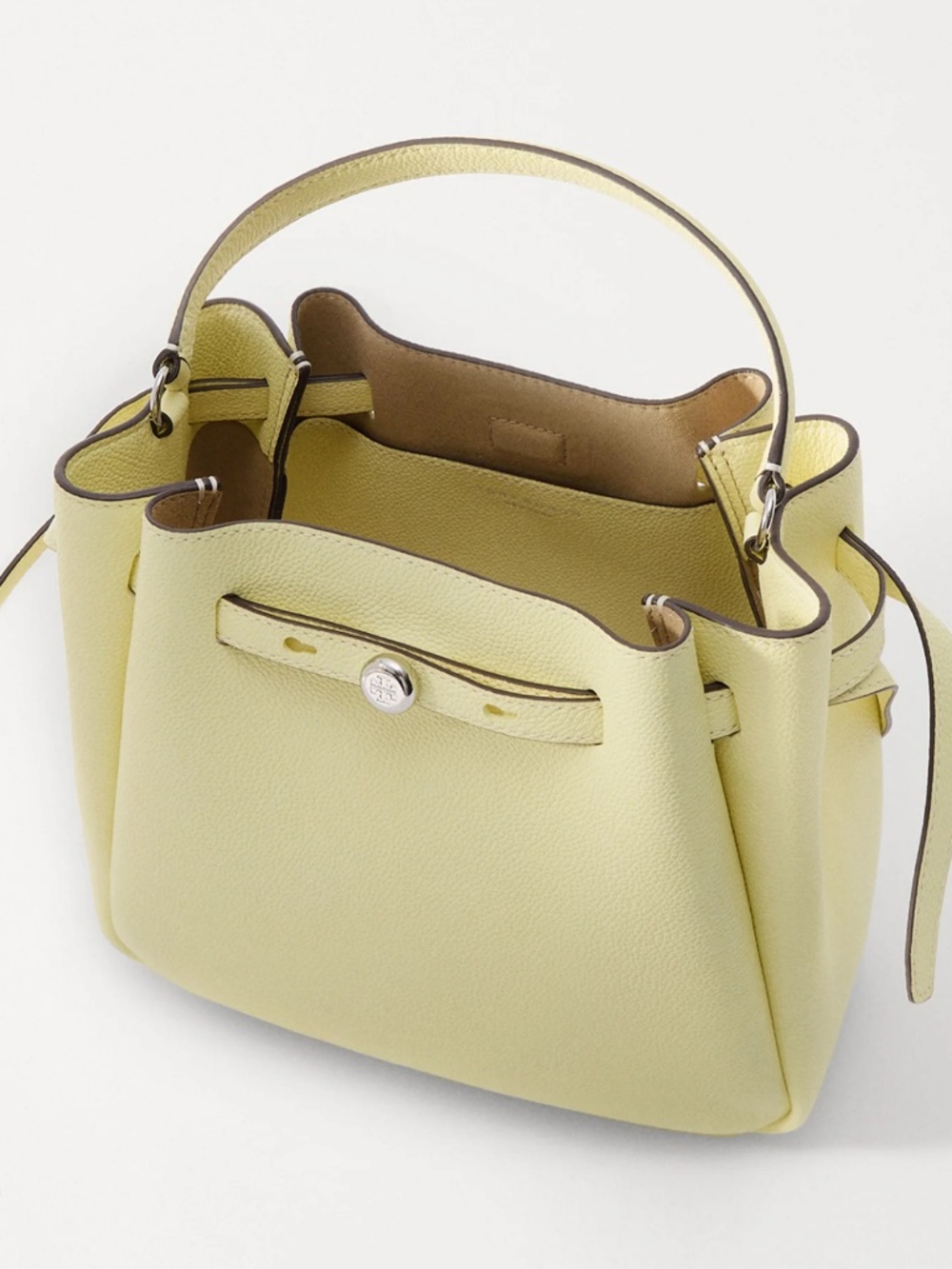 NWT Tory Burch Romy Pebbled Leather Bucket Bag Lemon Crossbody Dust Bag - Picture 2 of 11